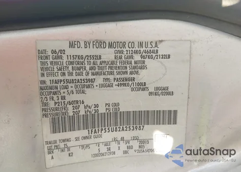 2002 Ford Taurus Ses z USA, uszkodzony, nr VIN 1FAFP55U82A253987